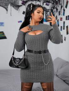 PUNK 大碼前鏤空緊身毛衣洋裝不附腰帶 - 淺灰色 - 查看 5