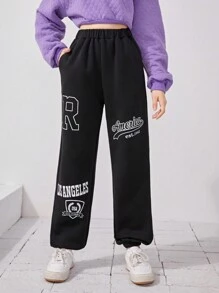 SHEIN Teen Girl Letter Graphic Sweatpants - Black - View 1