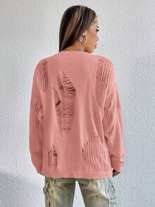 Muchica Chất rắn Thả vai Rách Áo len - Bụi hồng - Xem 2