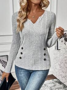 SHEIN Clasi 缺口領紐扣細節T恤 - 淺灰色 - 查看 1