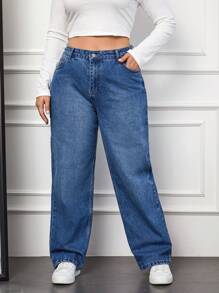 EURMUSE Jeans de cintura alta y pierna recta para tallas grandes - Azul - Ver 1