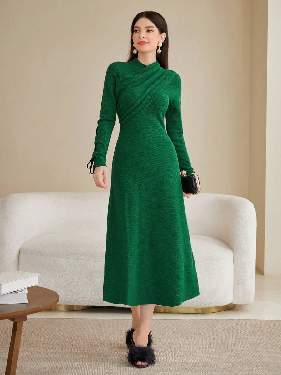 Modelyn 小高領交叉圍裹毛衣洋裝 - 綠色 - 查看 1