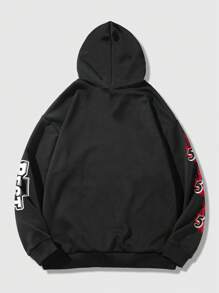 ROMWE MEN Grunge Punk Men Japanese Letter Graphic Drawstring Hoodie - Black - View 2