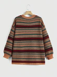 ROMWE Jersey con patrón geométrico de hombros caídos - Naranja - Ver 2