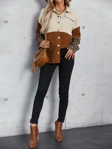 EMERY ROSE Leopard Print Colorblock Drop Shoulder Corduroy Coat - Multicolor - View 5