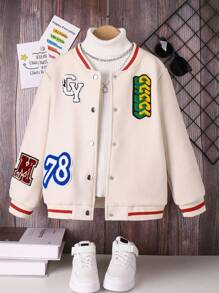 SHEIN Tween Girl Letter Graphic Striped Trim Varsity Jacket Without Sweater - Apricot - View 1