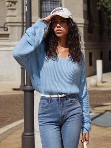 SHEIN MOOSTA Pull col V épaule tombante, Top manches longues tricoté, automne hiver - Bleu azur - Voir 6