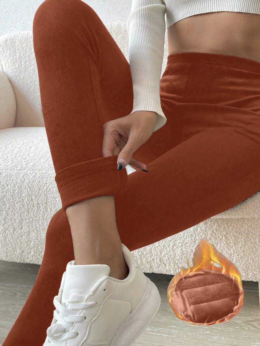 Chiquease 素色加絨內裏緊身打底褲 - 棕色 - 查看 1