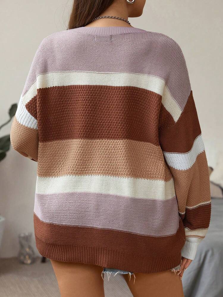 Plus Color Block Drop Shoulder Sweater, For Winter Knit Pullover Fall Autumn