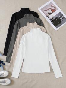 INAWLY 4pcs Solid Mock Neck Tee Fall Cloth For Women - Multicolor - View 2