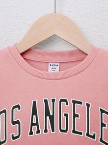 SHEIN 女小童字母圖案袋鼠口袋落肩袖運動衫 - 粉色 - 查看 5