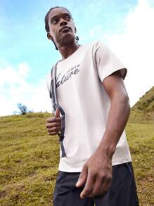 Manfinity Sport Corelite 男士字母圖案織帶拼接運動T恤 - 杏色 - 查看 5