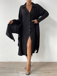 Chiquease Tay áo cuộn Nút phía trước Váy sơ mi - màu đen - Xem 4