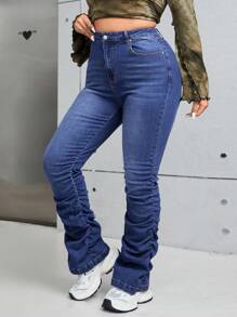 SHEIN ICON 大碼高腰褶皺牛仔褲 - 深色水洗藍 - 查看 6