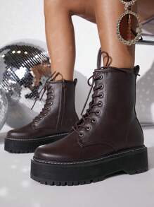 SHUZIA Minimalist Lace-up Front Combat Boots - Chocolate Brown - View 6