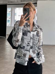 DAZY Colorblock Button Front Shirt Long Sleeve Top - Grey - View 1