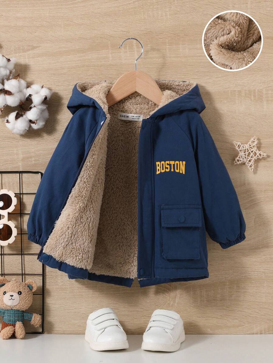 SHEIN 嬰兒男孩字母圖形蓋袋袖口毛絨內裡連帽外套 - 彩色 - 查看 1