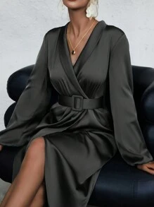 SHEIN Clasi 青果領燈籠袖腰帶緞面圍裹式洋裝