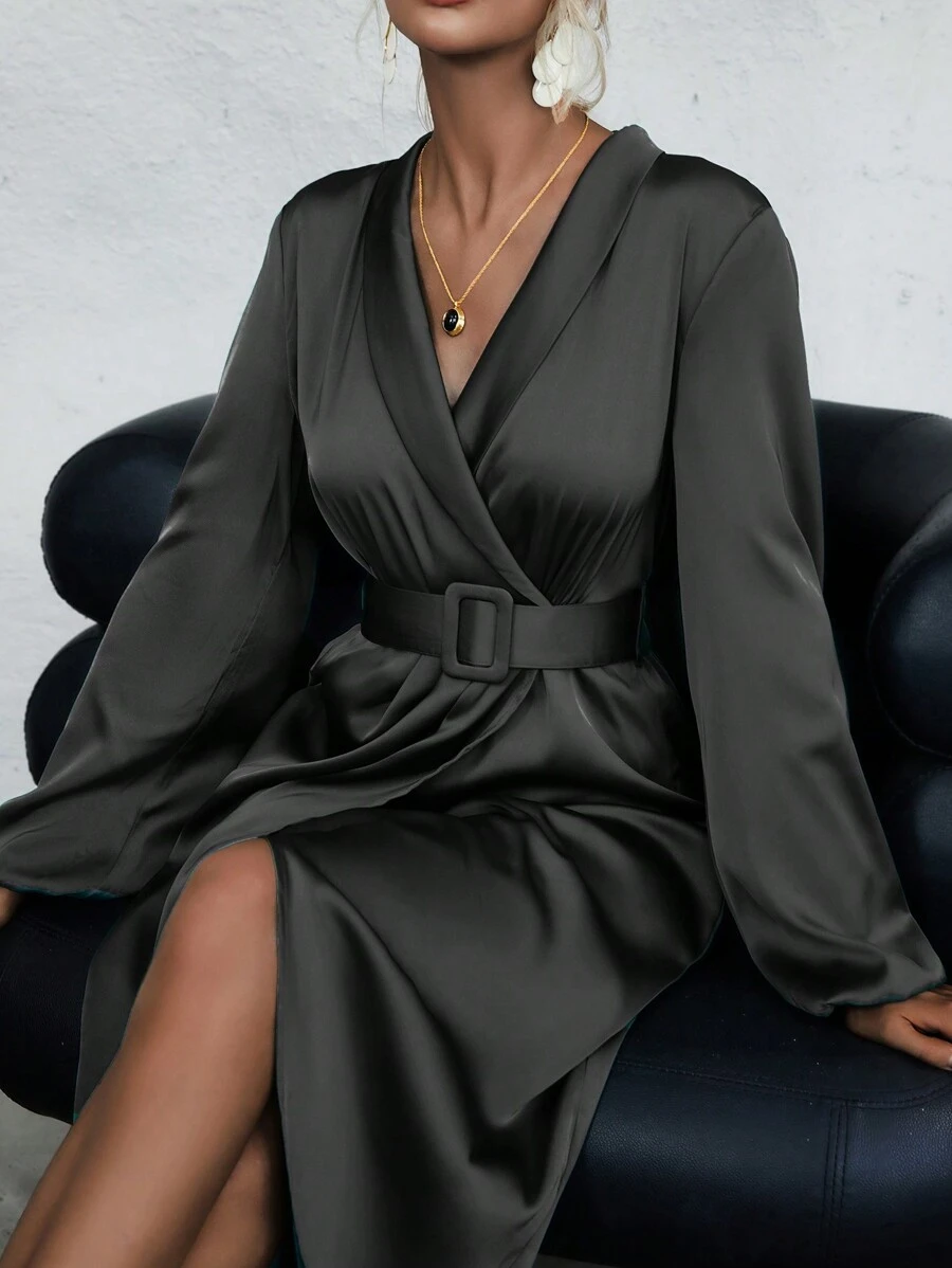 SHEIN Clasi 青果領燈籠袖腰帶緞面圍裹式洋裝