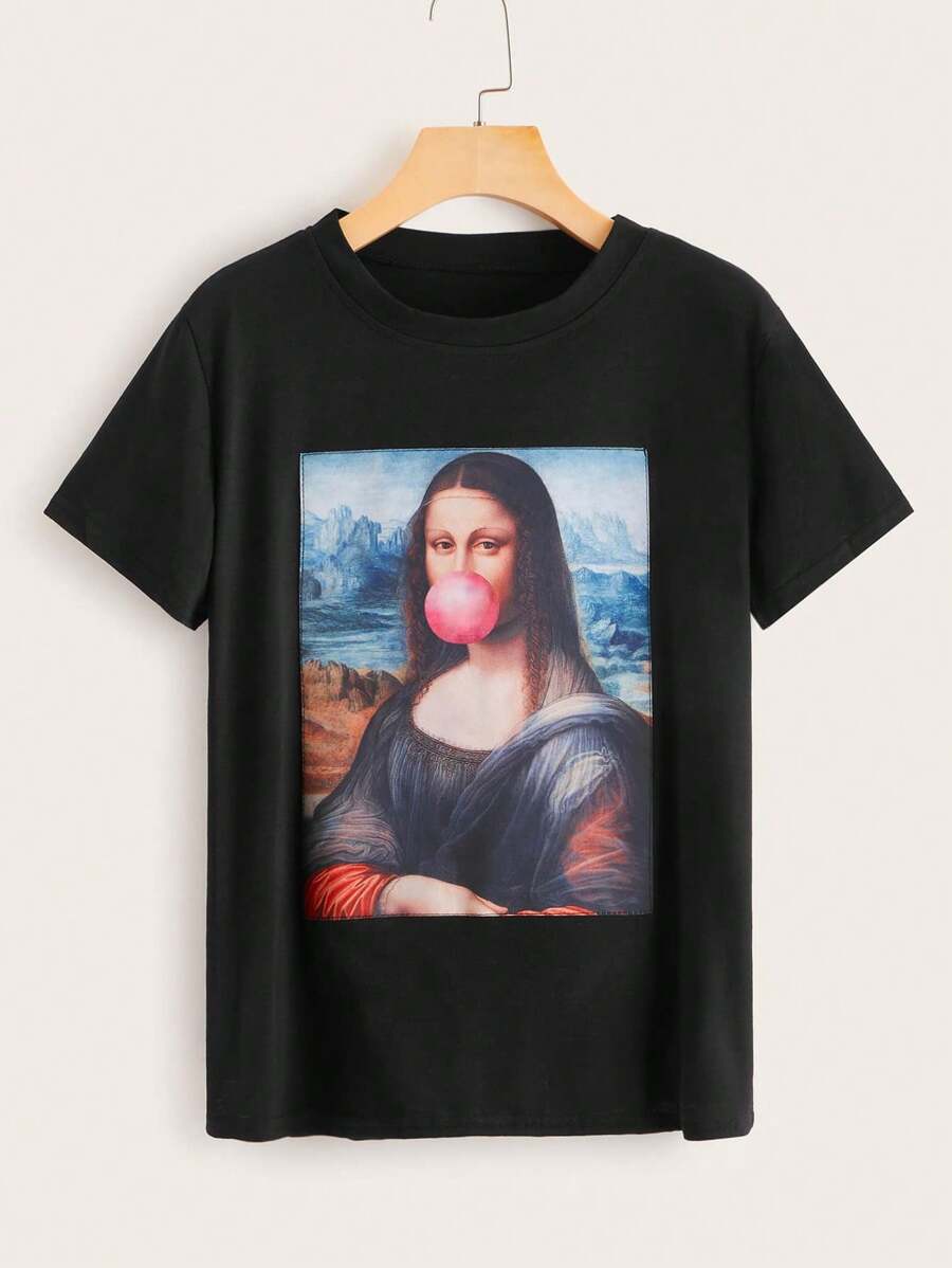 SHEIN Unity 人像圖案圓領t恤 - 黑色 - 查看 1