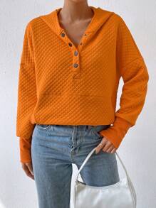 Chiquease Áo hoodie tay lửng cài nửa cúc, kiểu dáng chui đầu, thích hợp cho mùa thu. - trái cam - Xem 3