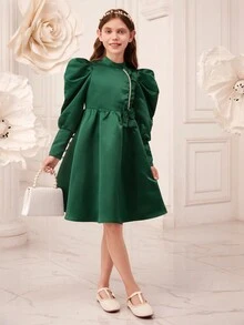 SHEIN Tween Girl Mock Neck Gigot Sleeve Pearls Detail Dress - Green - View 8