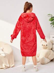 青少年女孩落肩袖連帽法蘭絨睡裙 - 紅色 - 查看 2