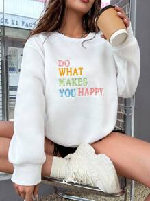 Flirla Slogan Embroidery Drop Shoulder Sweatshirt DO WHAT MAKES YOU HAPPY Graduation,Back To School Outfits,Graduation,Teacher Outfits For Women,Back To School