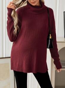 SHEIN 孕婦寬鬆高領套頭衫套頭毛衣帶長袖適用於休閒穿戴 - 酒紅色 - 查看 5