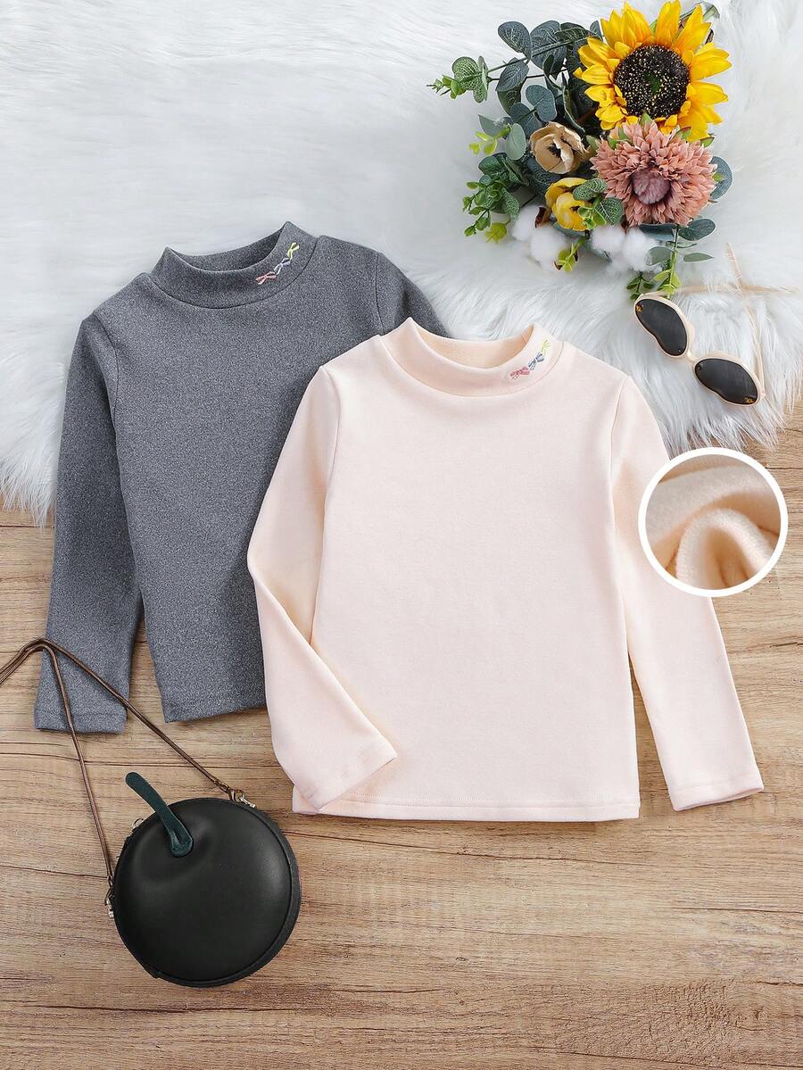 SHEIN 女小童2入組小高領刺繡蝴蝶結圖案T恤 - 彩色 - 查看 1