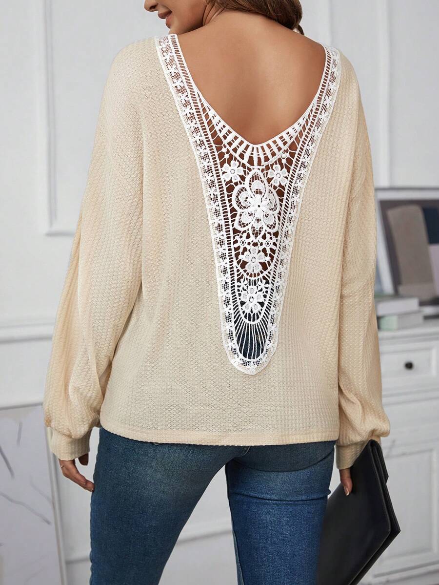 SHEIN Unity Guipure Lace Insert Drop Shoulder Tee - Apricot - View 1