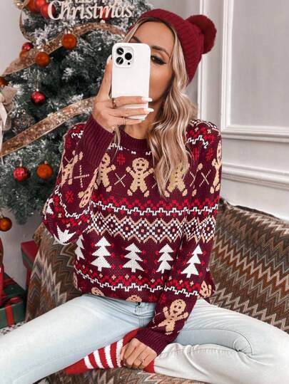 EMERY ROSE Christmas Elk & Tree Pattern Raglan Sleeve Sweater,Long Sleeve Tops Knit Pullover Fall Winter Sweater