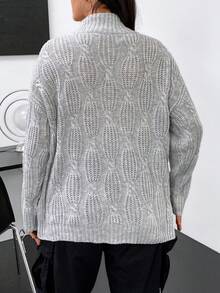 Flirla 大碼小高領落肩袖下擺開叉套頭毛衣 - 灰色 - 查看 2