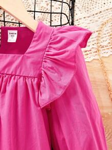 SHEIN Young Girl Ruffle Trim Square Neck Blouse - Hot Pink - View 3