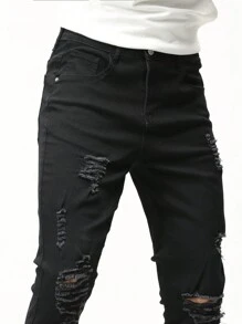 Manfinity 男士破洞抽鬚緊身牛仔褲 - 黑色 - 查看 8