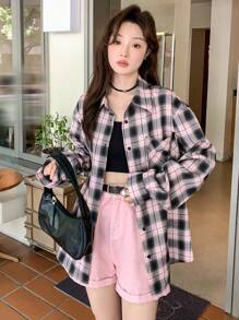 DAZY Áo cánh rộng vai trễ kẻ caro kẻ caro - Hồng - Xem 12