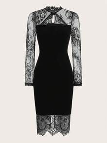 SHEIN Clasi Cut Out Contrast Lace Velvet Bodycon Dress - Black - View 6