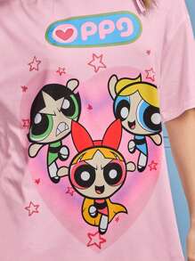 The Powerpuff Girls | ROMWE Cartoon Graphic Drop Shoulder Oversized Tee, School - Pink - View 2