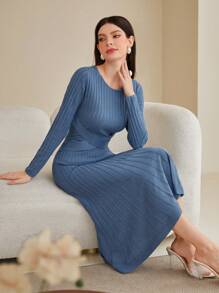Modelyn Solid Ribbed Knit Sweater Dress - Blue - View 1