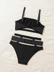 SHEIN Conjunto De Bra Y Ropa Interior Hueca En Color Sólido - Negro - Ver 2