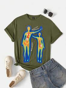 SHEIN EZwear Figure & Slogan Graphic Tee - Army Green - View 1