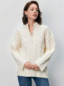 SHEIN Frenchy Jersey tejido de cable de hombros caídos - Albaricoque - Ver 4