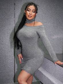 SHEIN SXY Cut Out Shoulder Hooded Bodycon Sweater Dress - Grey - View 6