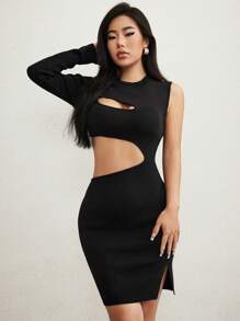 Zolique Cut Out Split Hem Sweater Dress Fall Cloth For Women - Black - View 1