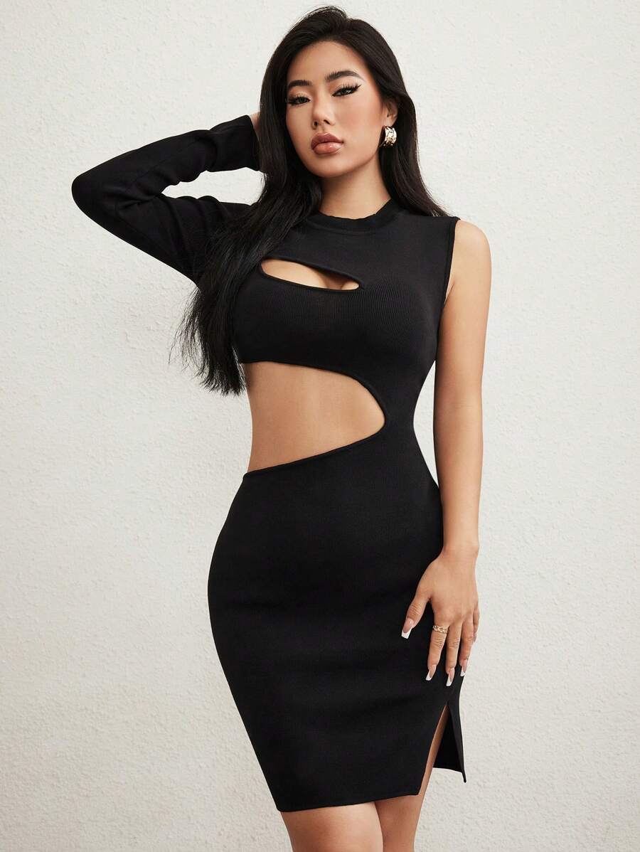 Zolique Cut Out Split Hem Sweater Dress Fall Cloth For Women - Black - View 1