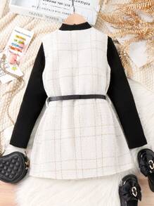 青少年女孩格紋印花腰帶外套馬甲&小高領T恤