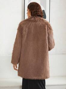 SHEINNeu Open Front Fuzzy Coat - Brown - View 2