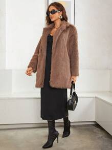 SHEINNeu Open Front Fuzzy Coat - Brown - View 4