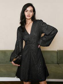 Lantern Sleeve Ruched Sequin Dress - Black - View 3