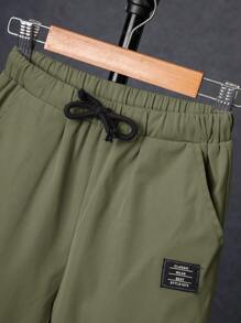 SHEIN 2pcs Boys' Casual Badge Hoodie Jacket And Solid Pants Set, Fleece, Thickened - Green - View 6